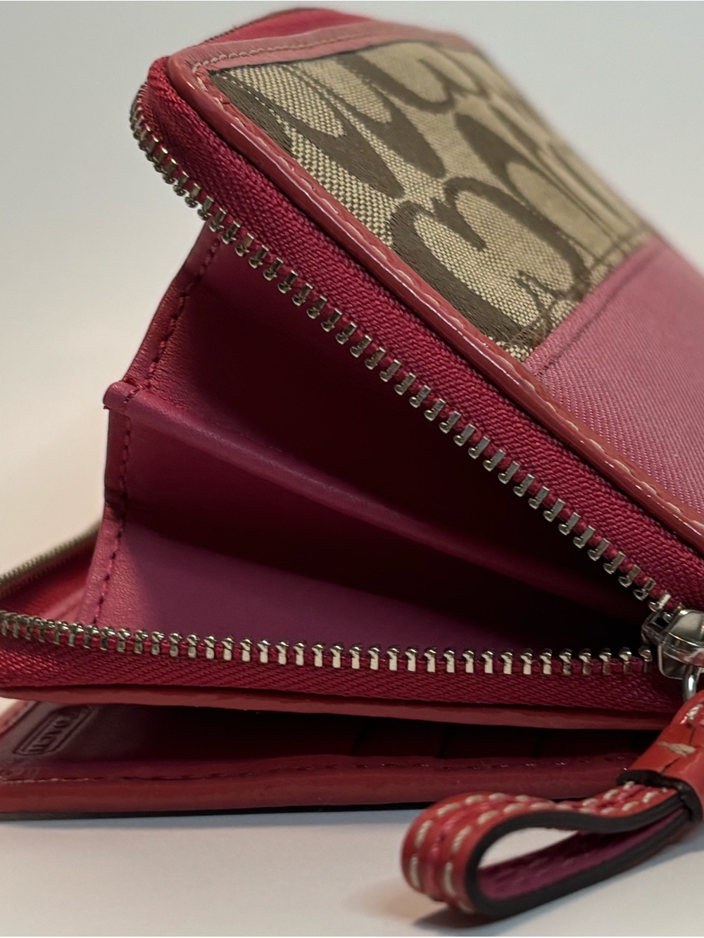 COACH ($229) Legacy Signature Zip-Around Wallet in Tan Canvas with Berry Accents - Picture 14 of 14